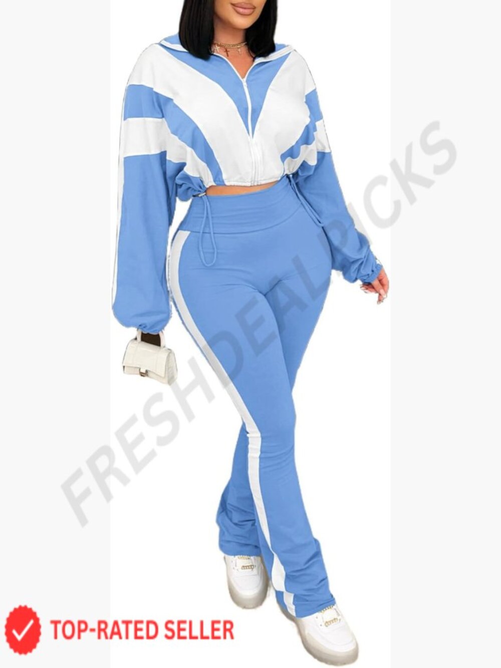 Color Block Long Sleeve Zip Crop Jacket & Flare Pants Set Y2K Retro Tracksuit